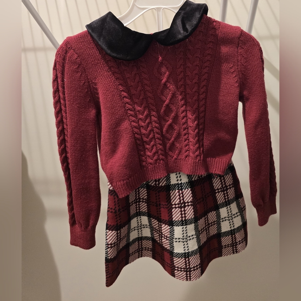 Cable Knit Burgundy Sweater with Plaid Skirt